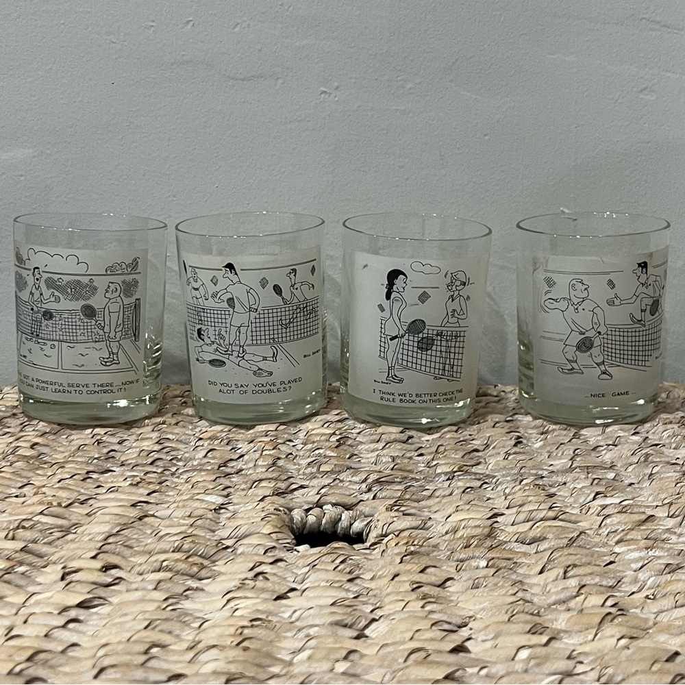 Tennis Lowball Drinking Bar Glasses Comedy By Bill Davey Vintage Set 4.